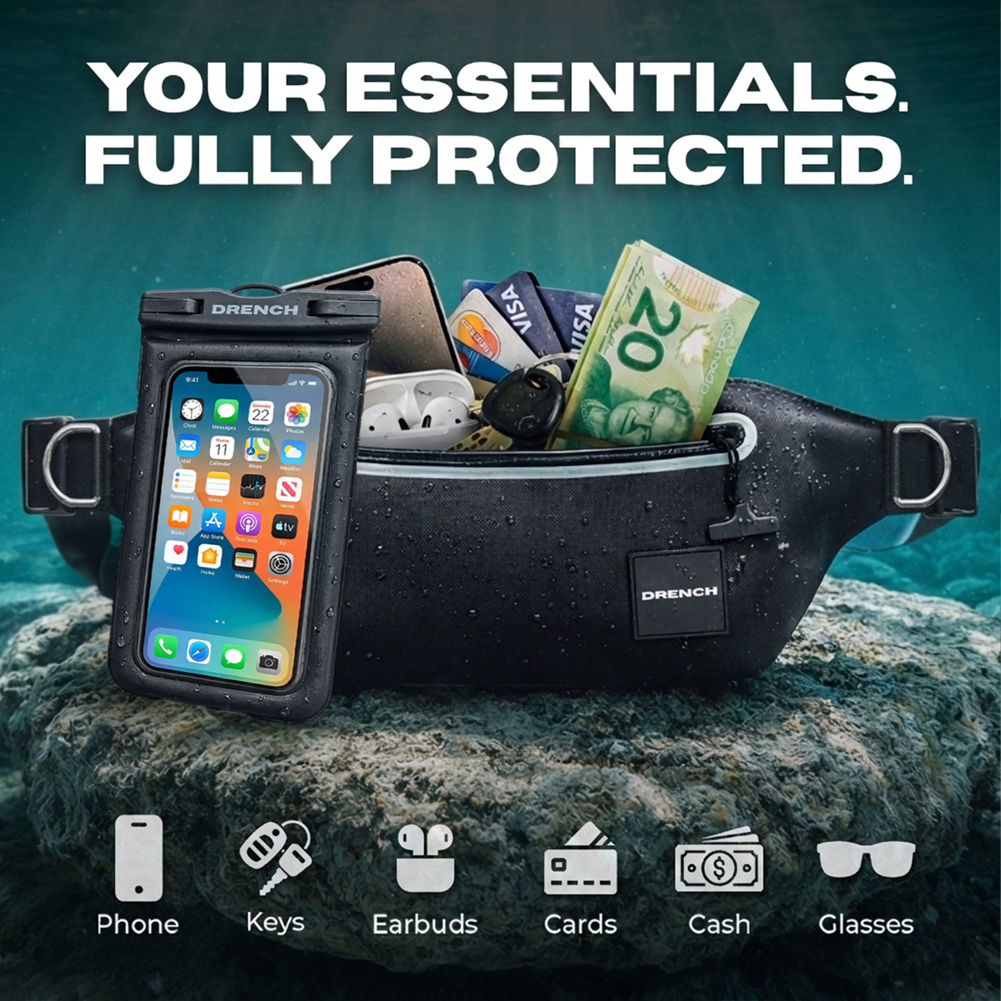 Drench waterproof touchscreen phone pouch