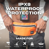 Tangerine Tide waterproof waistpack — floating design so the pack won't sink if dropped in water