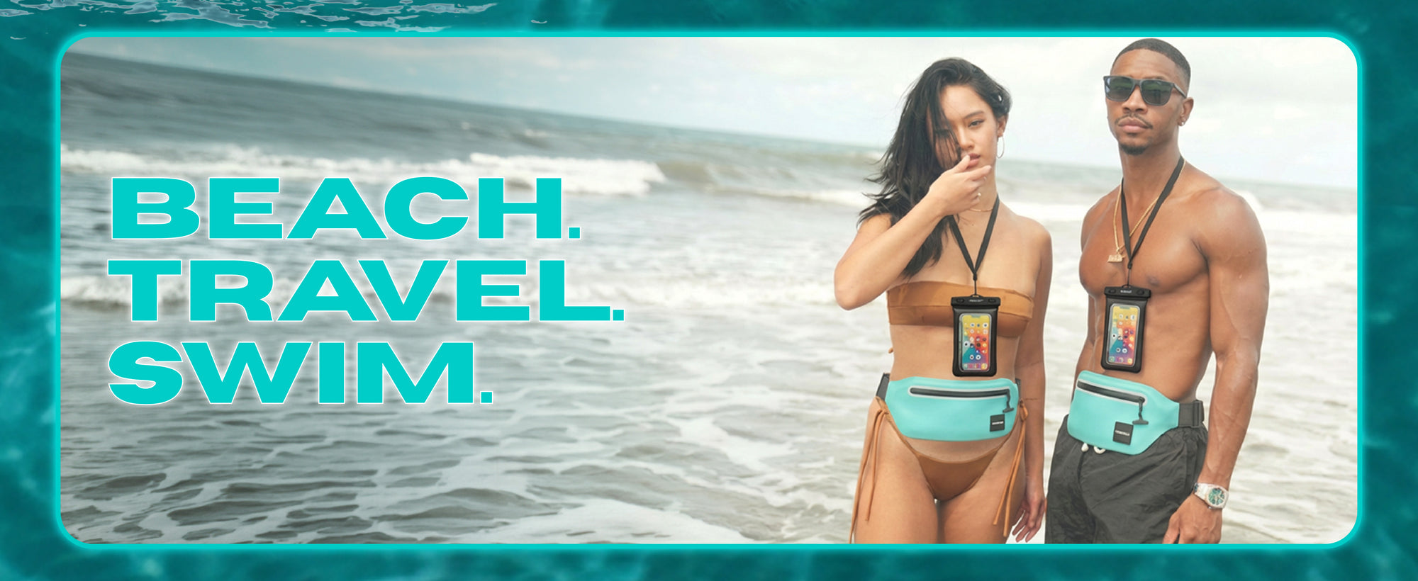 Tidal Teal waterproof waist pack set worn on a boat
