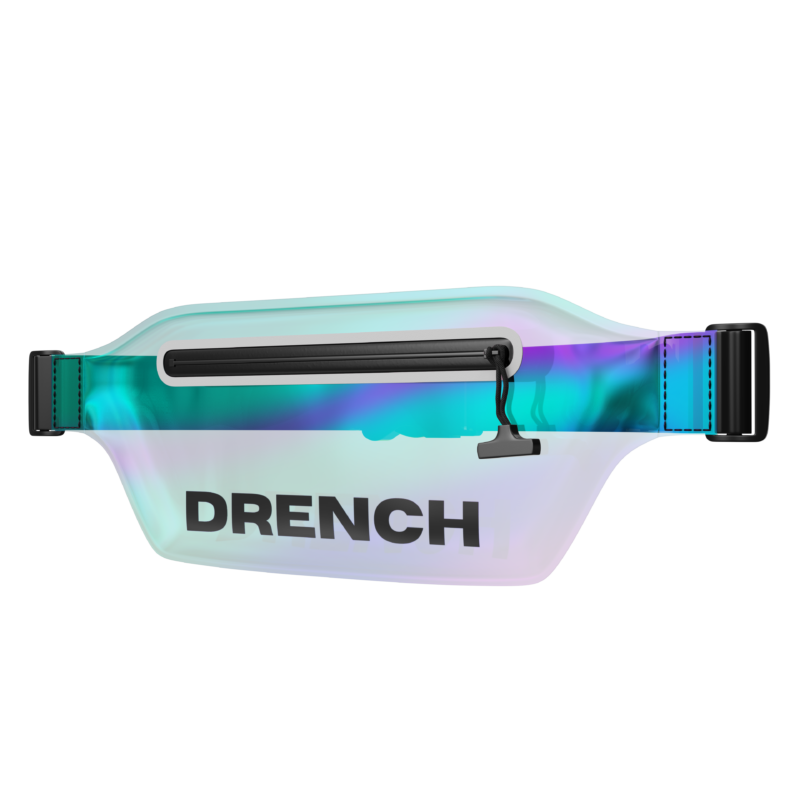 Drench iridescent waist pack with waterproof zipper and touch-friendly clear front